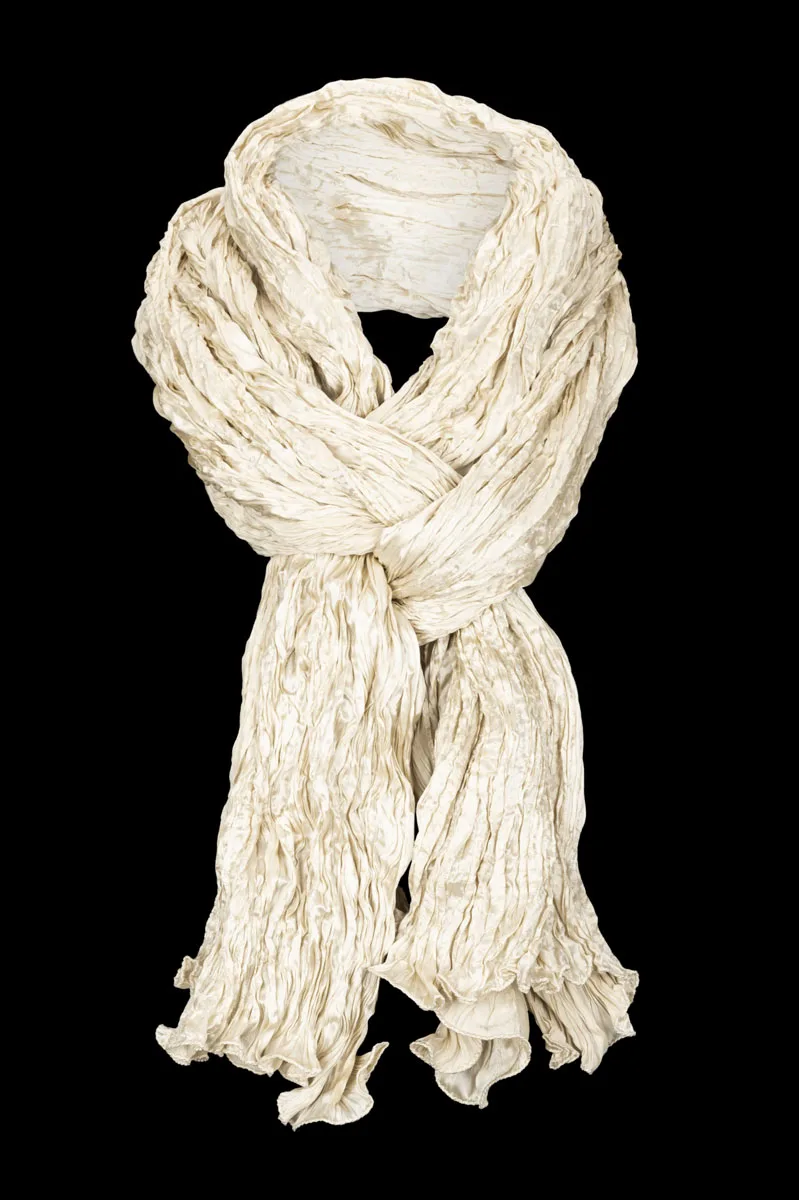 Fortuny crinkled crepe satin golden beige silk scarf