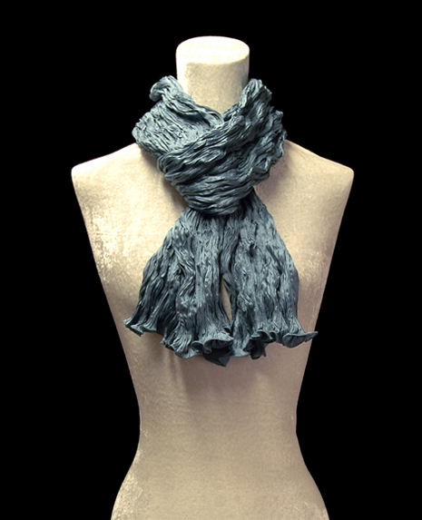 Fortuny crinkled crepe satin dark blue green silk scarf