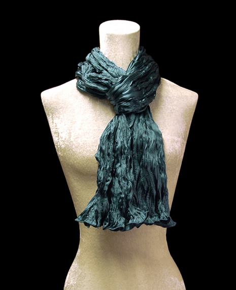 Fortuny crinkled crepe satin dark teal blue silk scarf