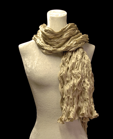 Fortuny crinkled crepe satin golden beige silk scarf