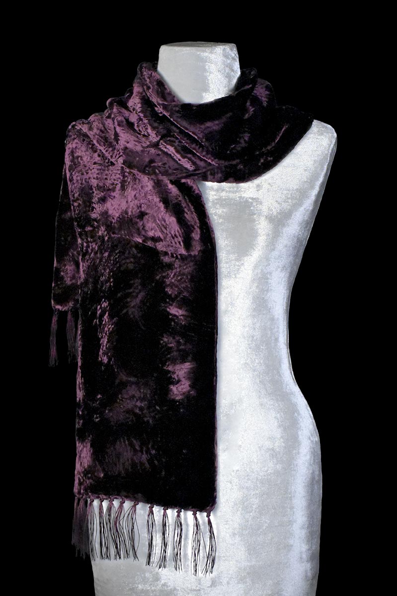 Fortuny dark plum furrowed velvet scarf with fringes