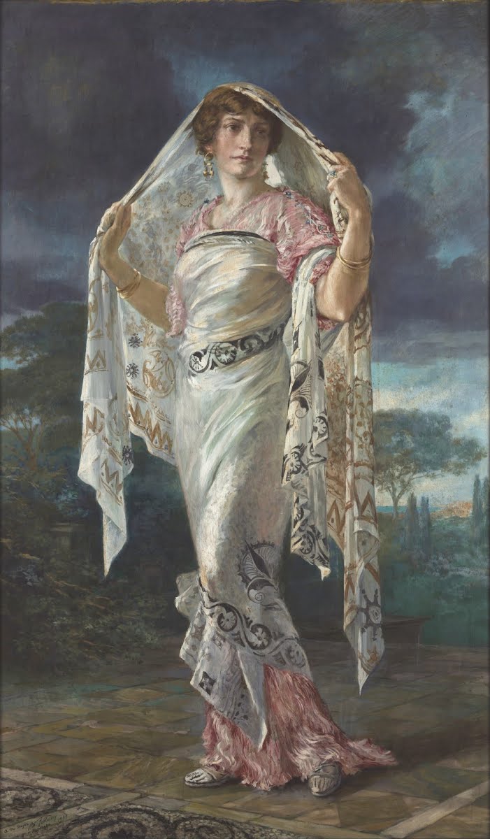 A portrait of Henriette Nigrin wearing a Delphos gown and a Knossos shawl by Mariano Fortuny 