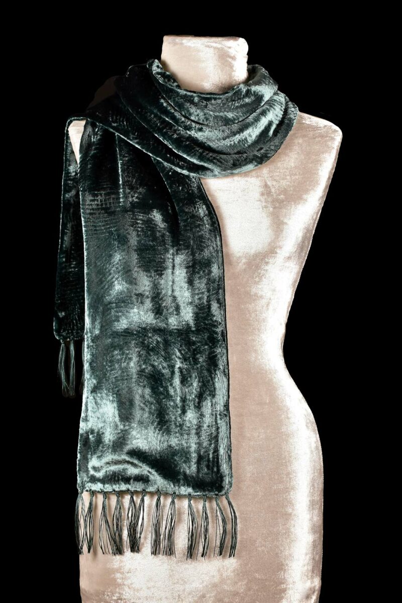 Fortuny dark teal blue furrowed velvet scarf with fringes