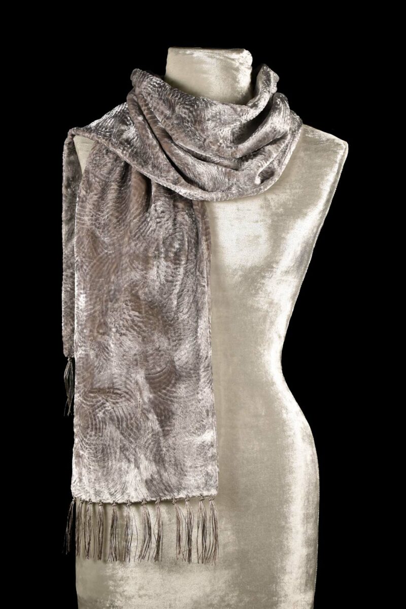 Fortuny olive sand furrowed velvet scarf with fringes