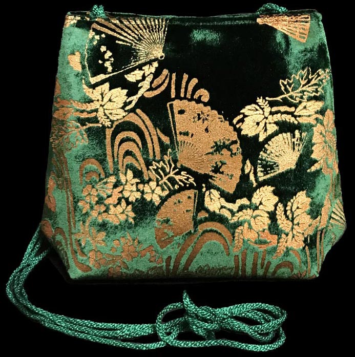 Fortuny Gioia fir green hand printed velvet bag