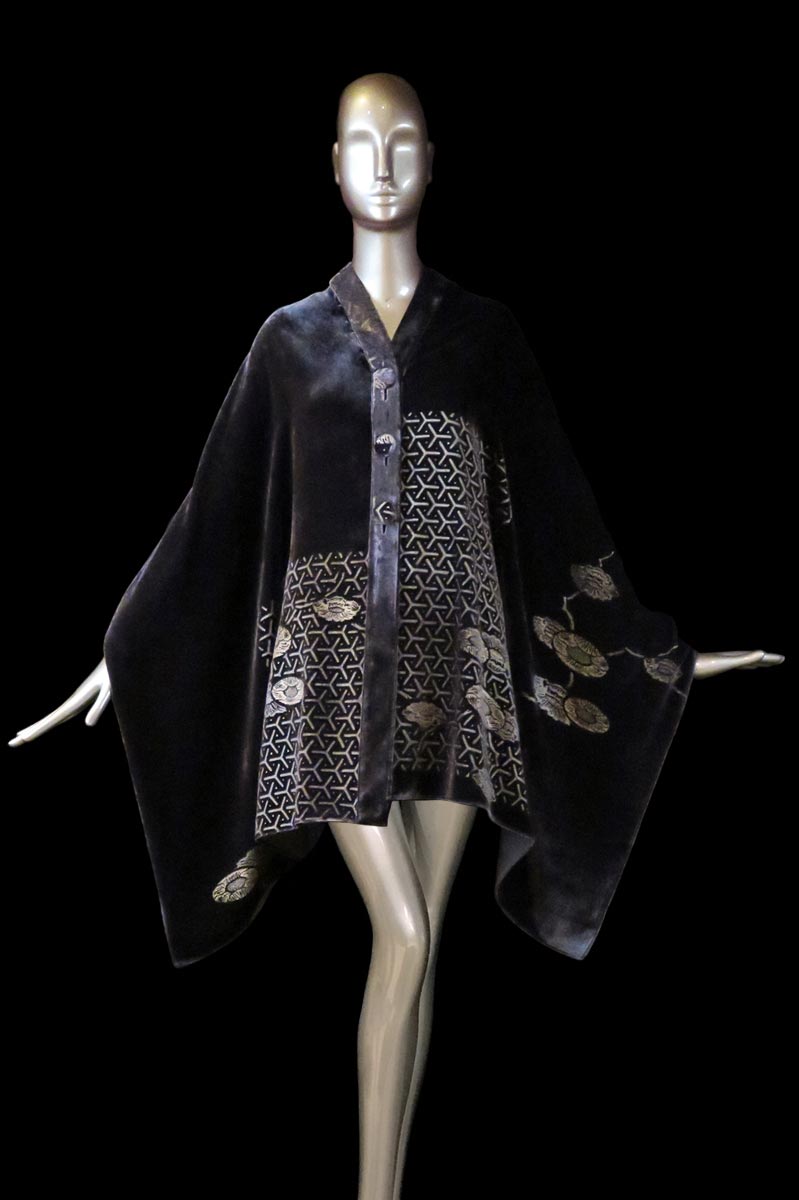 Fortuny purple-grey printed velvet stole with buttons front