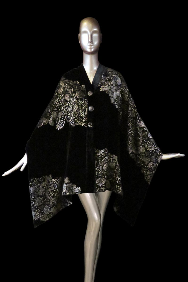 Fortuny black printed velvet stole with buttons front