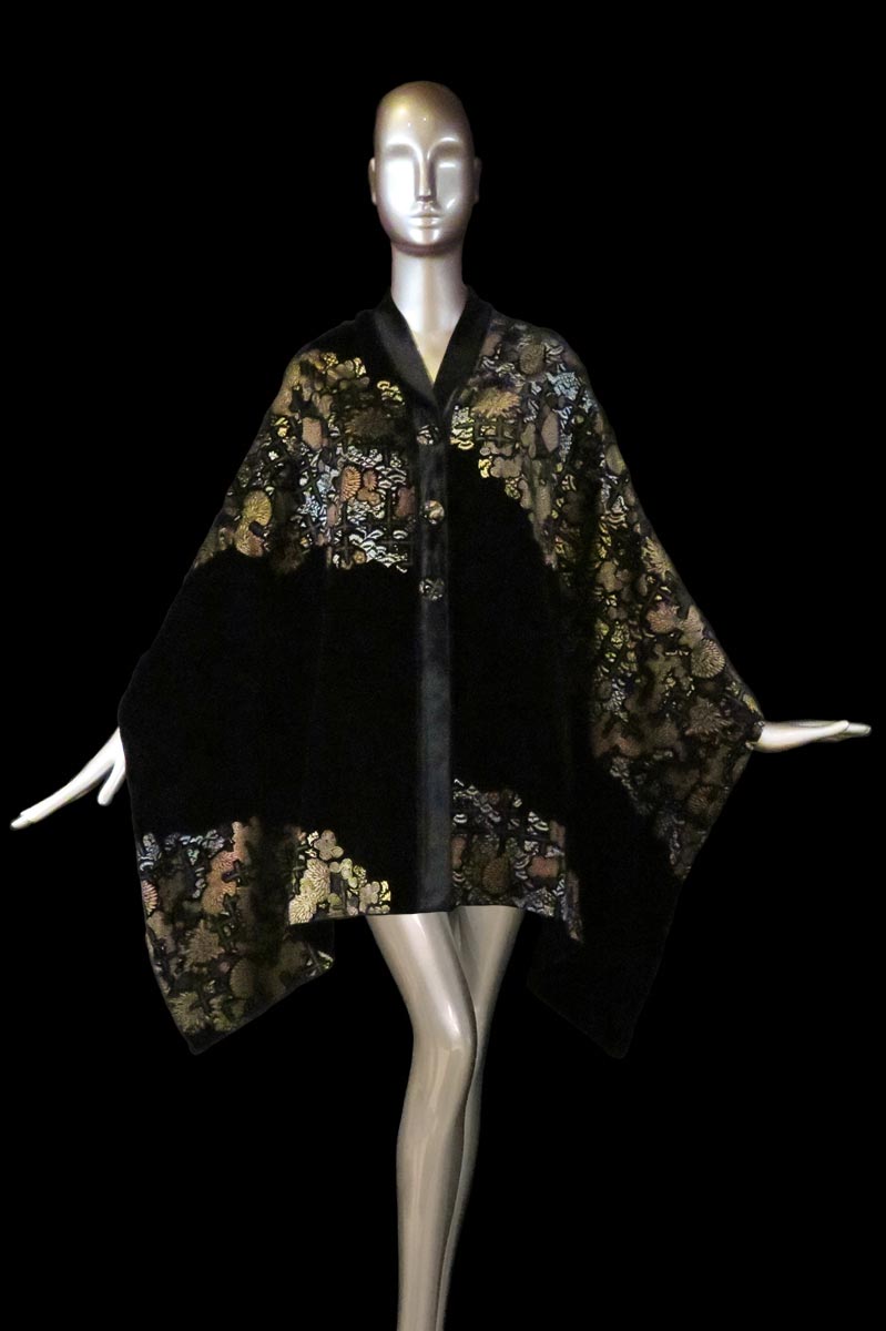 Fortuny black printed velvet stole with buttons front