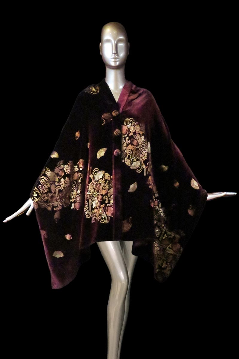 Fortuny bordeaux printed velvet stole with buttons front