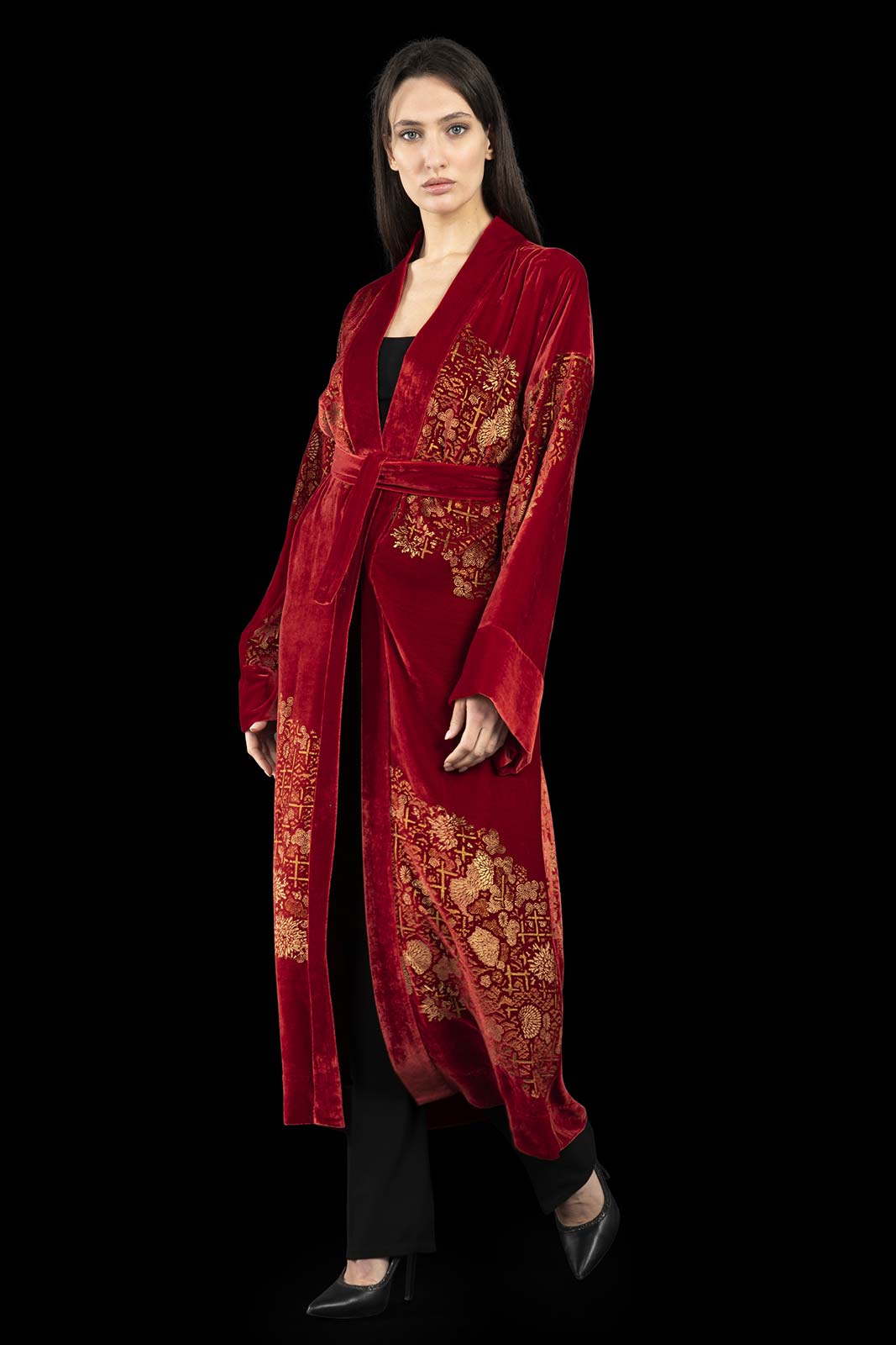 Audrey | Printed velvet Long Kimono coat | Crisantemi Red - Fortuny