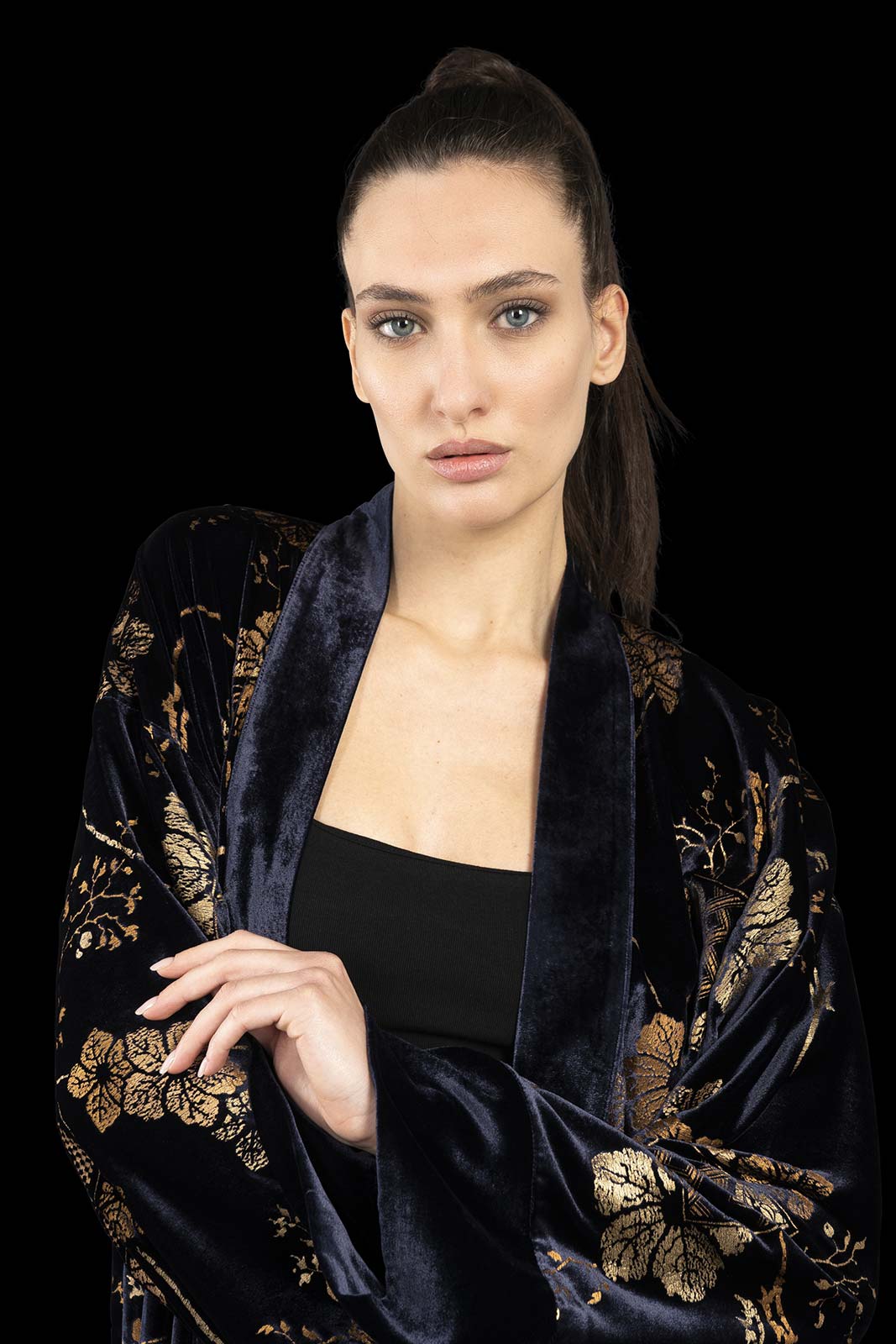 Audrey | Printed velvet Long Kimono coat | Riassunto Navy Blue