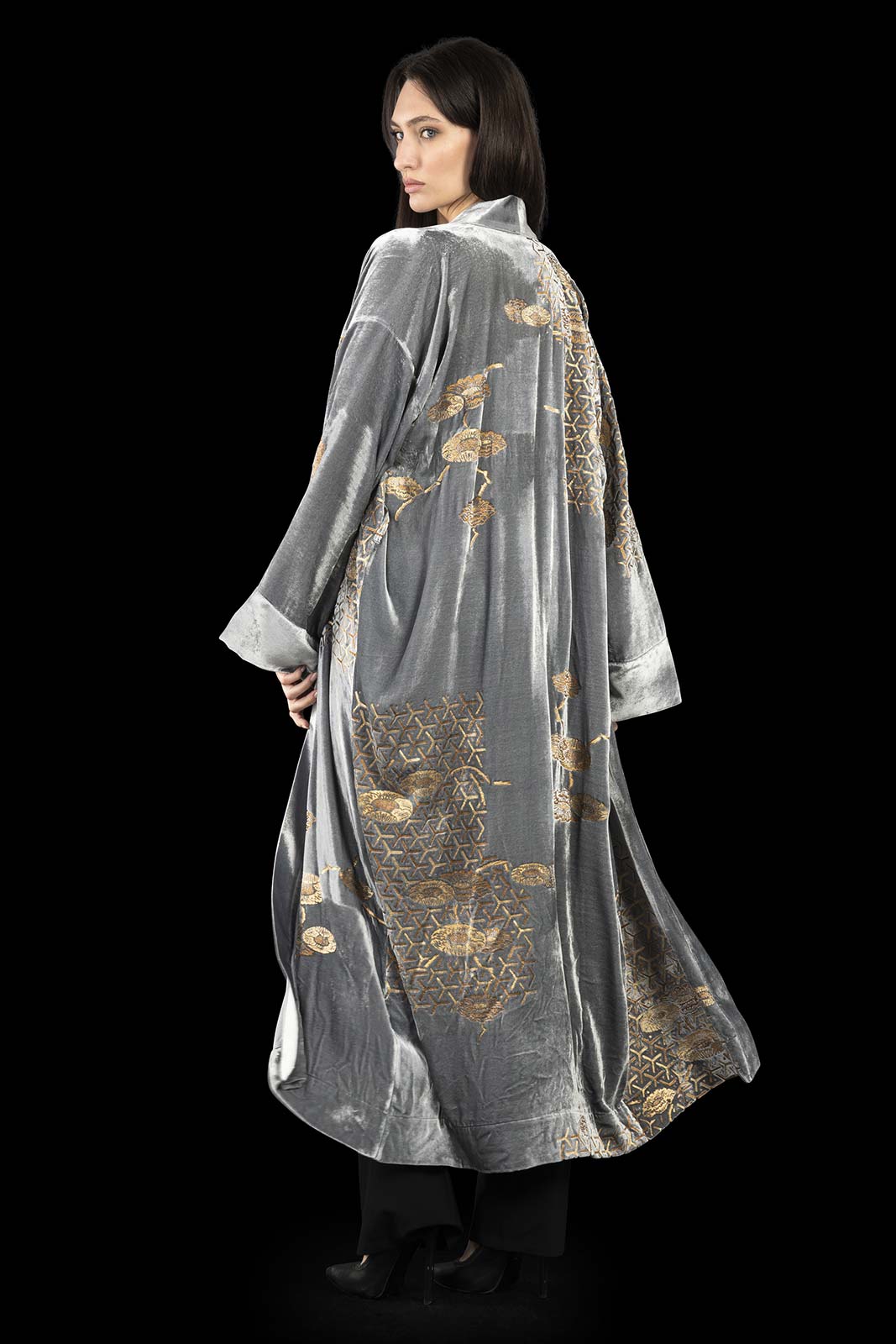 Audrey | Printed velvet Long Kimono coat | Japan Silver - Fortuny