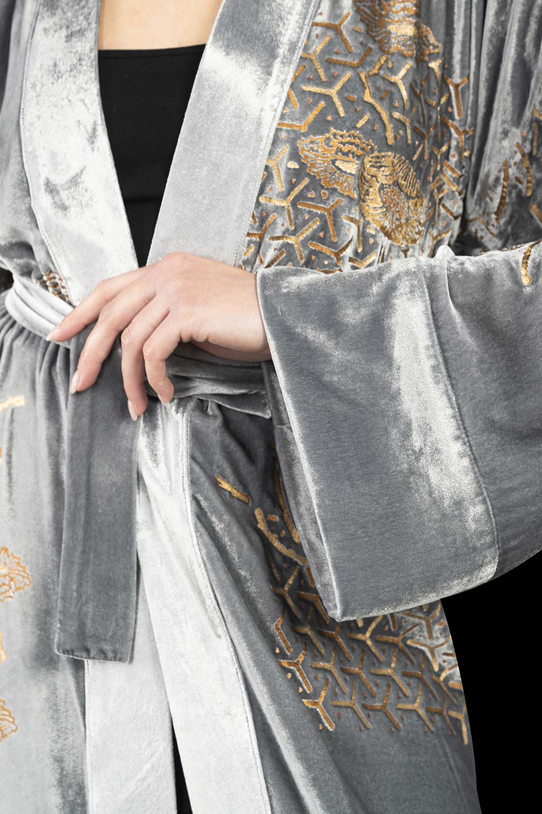 Audrey | Printed velvet Long Kimono coat | Japan Silver - Fortuny