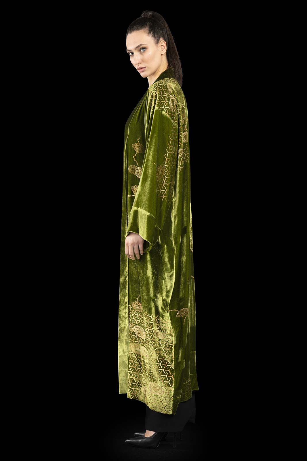 Audrey | Printed velvet Long Kimono coat | Japan Pistacchio - Fortuny