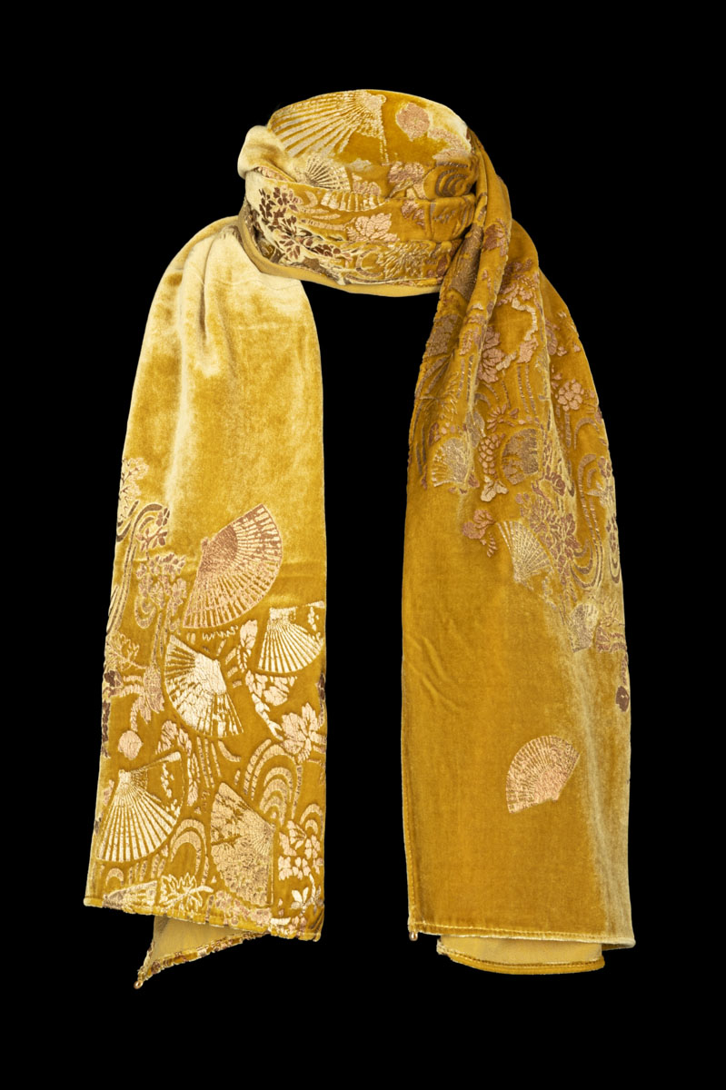 Printed Velvet Scarf with murano beads Golden Yellow